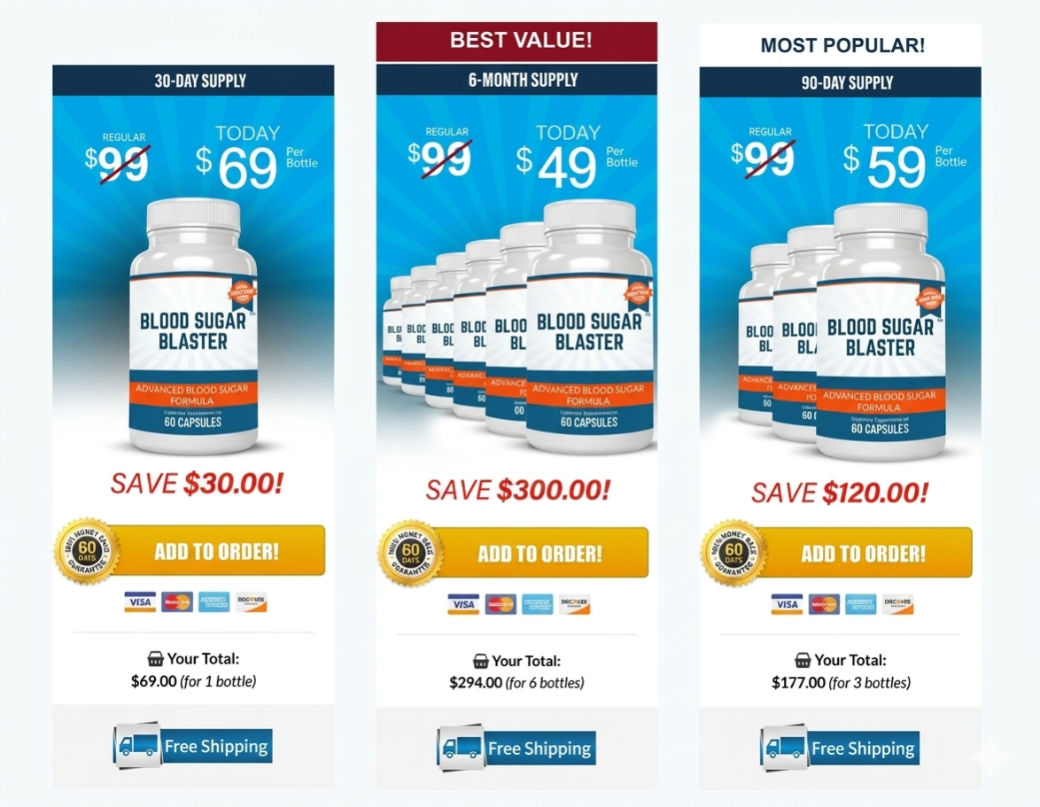 A promotional display of a six-bottle supplement package offering the maximum discount, complete with a free shipping badge.